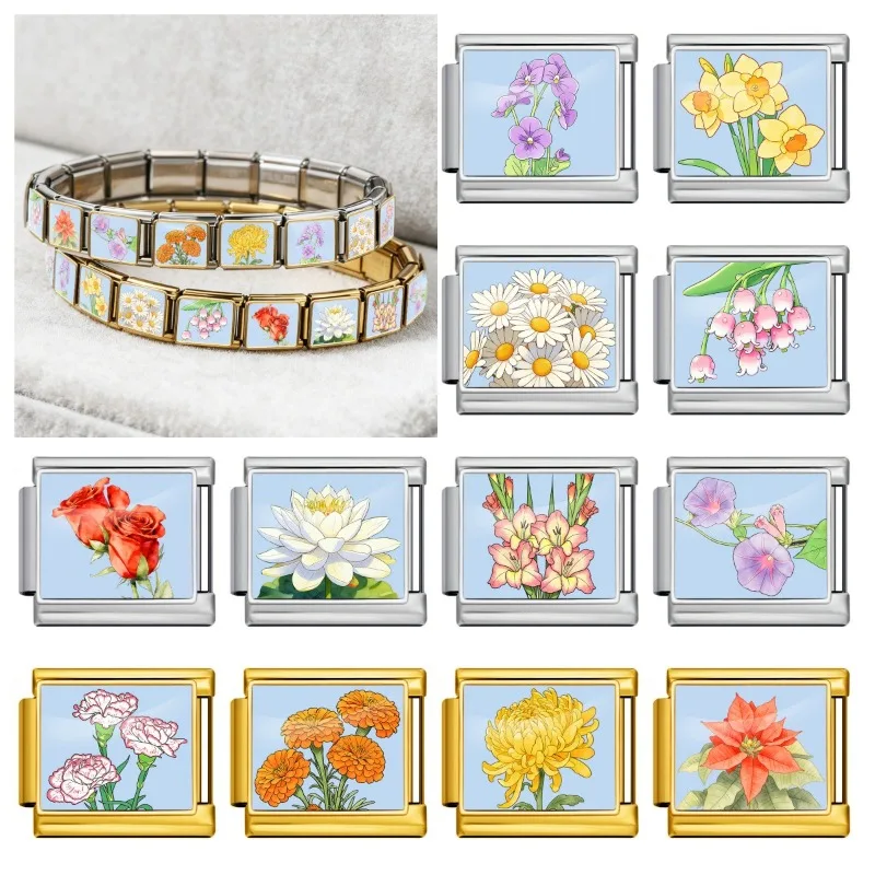2026 Fashion Month Birthday Flower Pattern Italian Style Bracelet 9mm Stainless Steel Modular Bracelet DIY Wholesale Gift