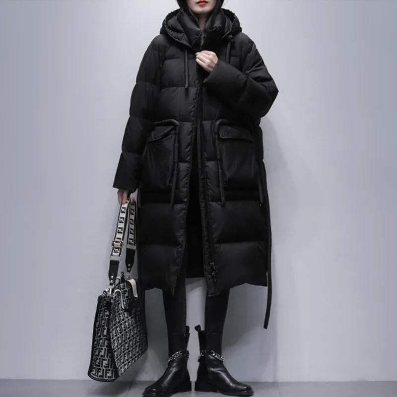 2023 Winter New Hooded White Duck Down Jacket Women Black Female Thicken Snow Parkas Overcoat Korean Loose Warm Long Down Coats