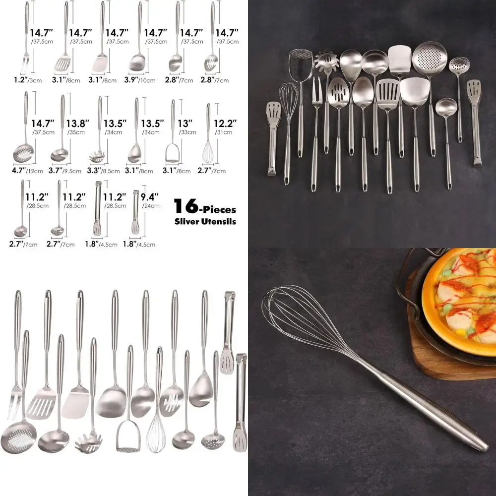 

Complete 16-Piece Stainless Steel Kitchen Utensil Set with All Metal Tools: Whisk, Masher, Forks, Tongs, Spoons, Spatulas, Turne
