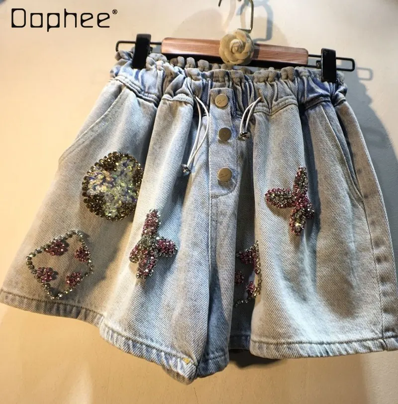 Fashion Rhinestone Beaded Drawstring High Waist Wide-Leg Denim Shorts Women's 2023 Spring and Summer New Elastic Waist Jeans