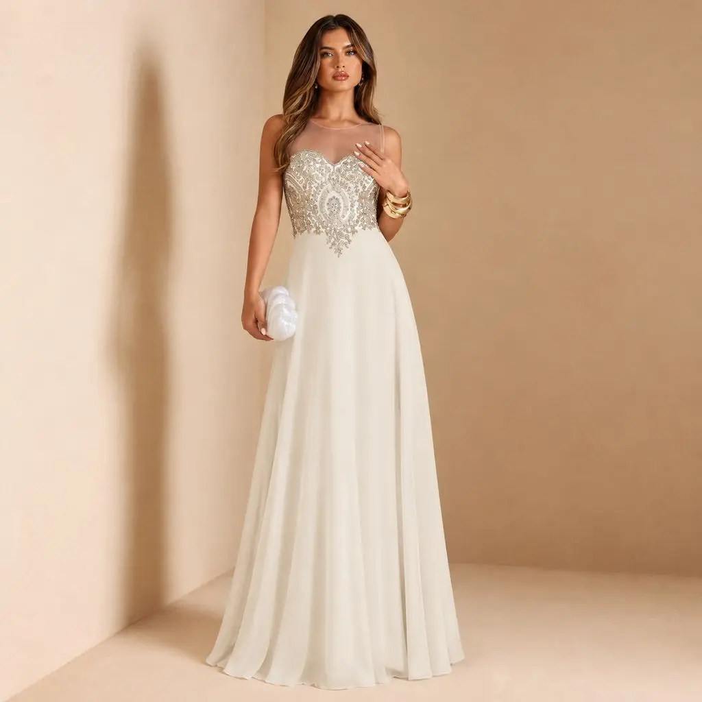 BABYONLINE Ivory Wedding Party Dress Illusion Sweetheart Gold Lace Applique Bridesmaid Dresses A Line Chiffon Long Evening Gowns