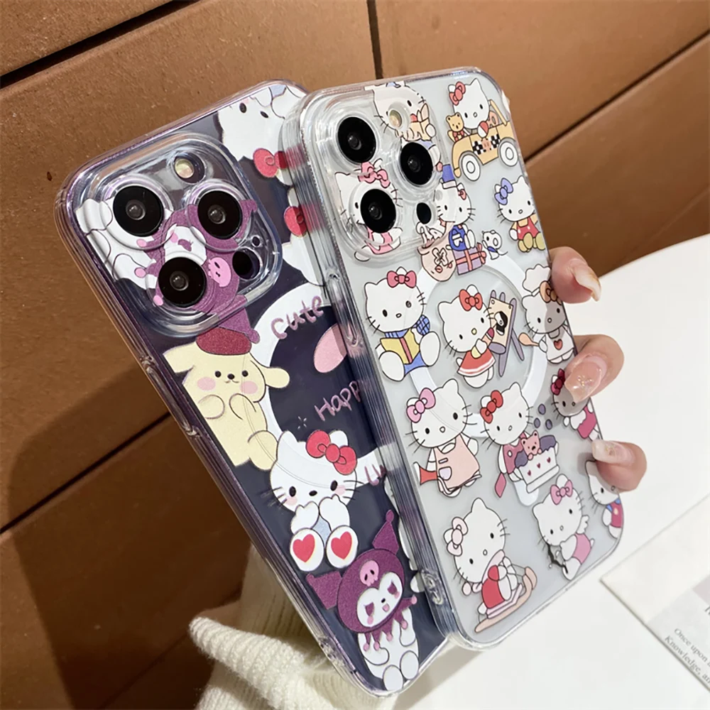 Cartoon Hello Kitty for Magsafe Magnetic Bracket Phone Case for IPhone 16 15 14 13 12 11 Pro Max Plus Anti-fall Clear Back Cover