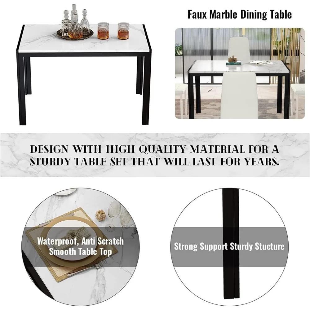 طقم طعام مستطيل مكون من 5 قطع من الرخام الصناعي مع 4 كراسي من جلد البولي يوريثان لمنطقة طعام المطبخ