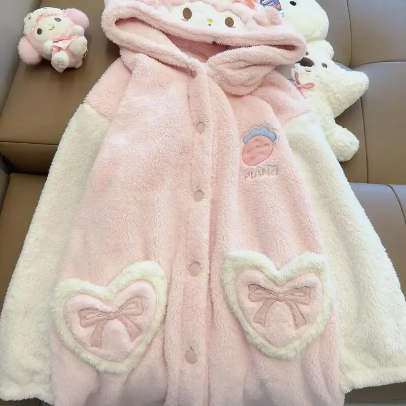 

Sanrio My Melody женский розовый плюшевый пижамный халат с капюшоном и длинными рукавами осень-зима теплая уютная домашняя одежда для дома милая кавайная одежда для сна