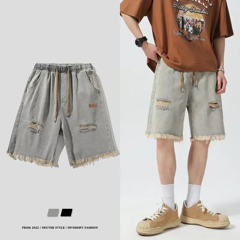 Summer Y2K Vintage Mens Jean Shorts 2024 New Streetwear Ripped Bermuda Jorts Drawstring Baggy Wide Leg Blue Denim Shorts Pants