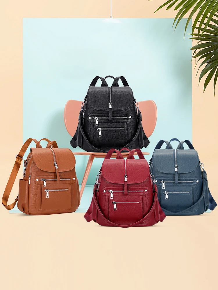 Doleesune genuíno couro de vaca feminina mochila saco moda bolsa de ombro conversível multi bolso senhoras faculdade daypack