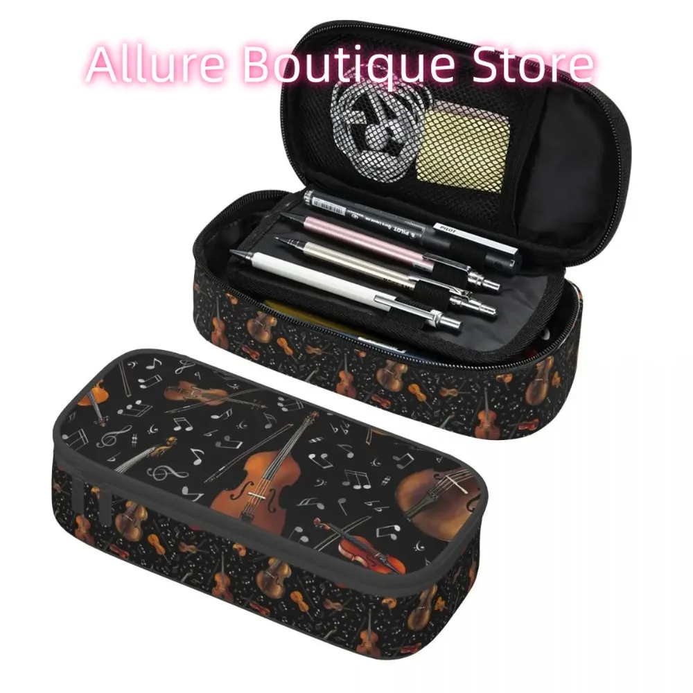 Violin Music Notes On Black Pencil Cases Large Storage Pen Bags Pen Box Pencil Pouch For Boys Girls Students Stationery School
