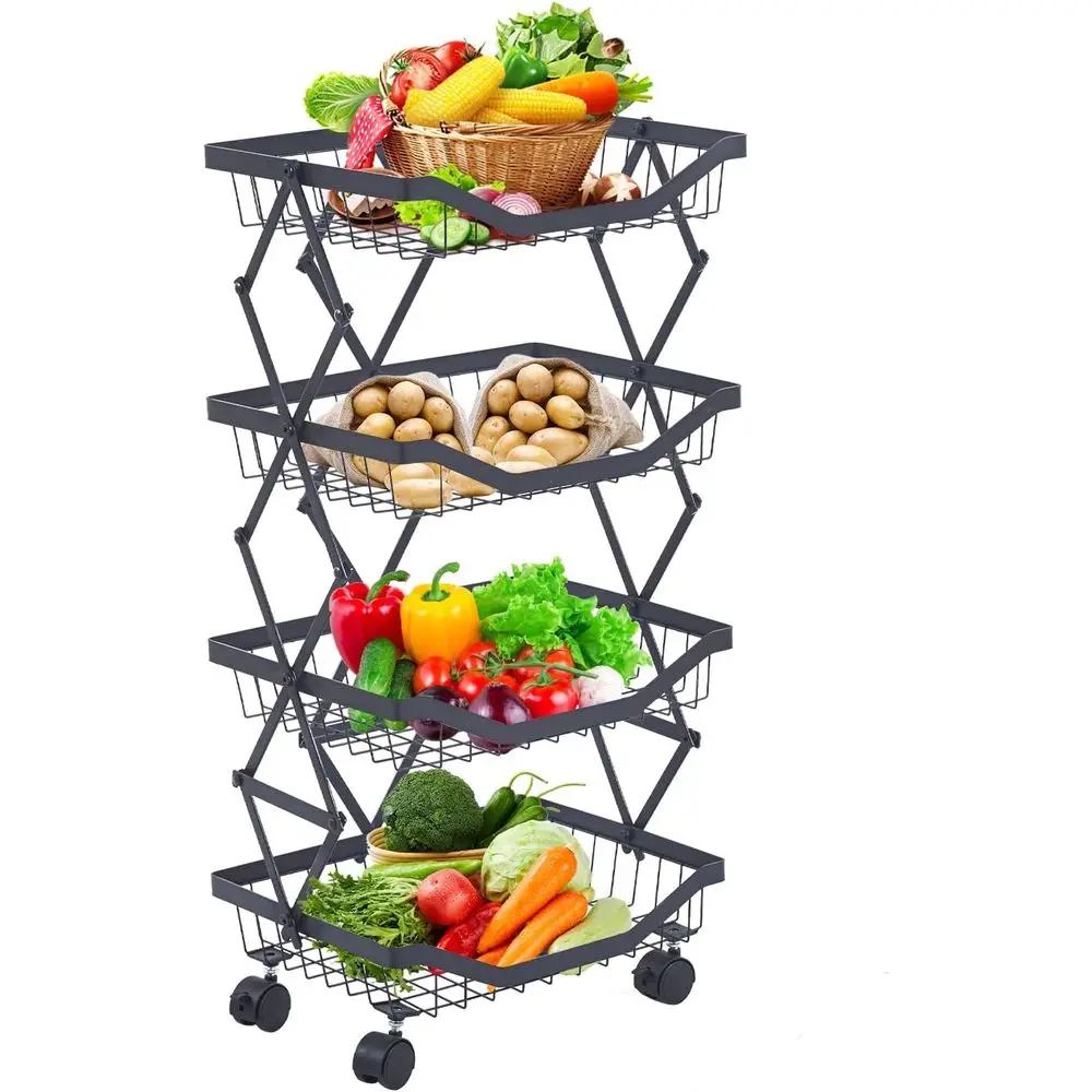 

4 Tier ruit Basket or Kitchen Stackable Metal Wire ruit Vegetable Basket with Wheels Narrow Rolling Utility Cart or Kitchen