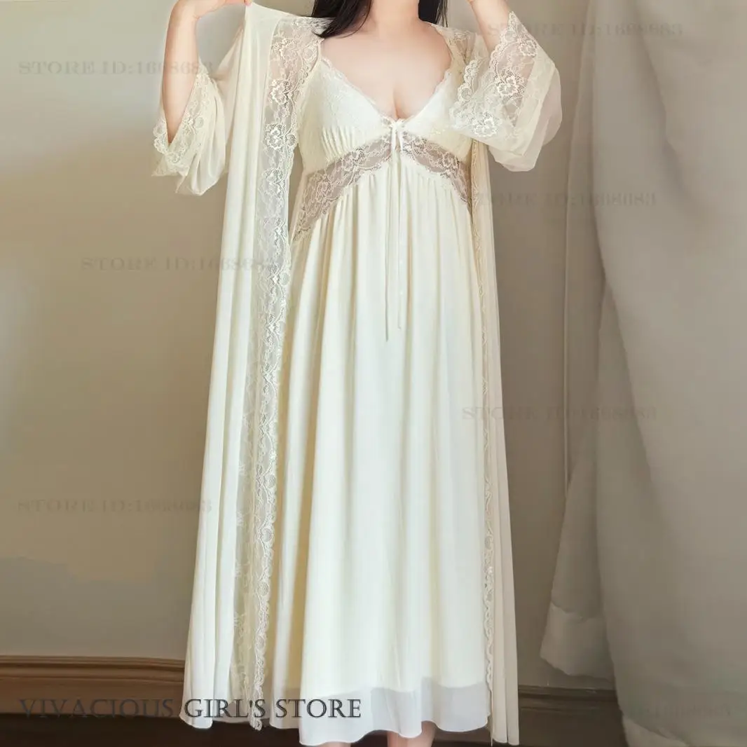 Elegant Female Long Twinset Robe Set Nightgown Plus Size Sleepwear Kimono Bathrobe Gown Sexy Perspective Mesh Lace Homewear 4XL