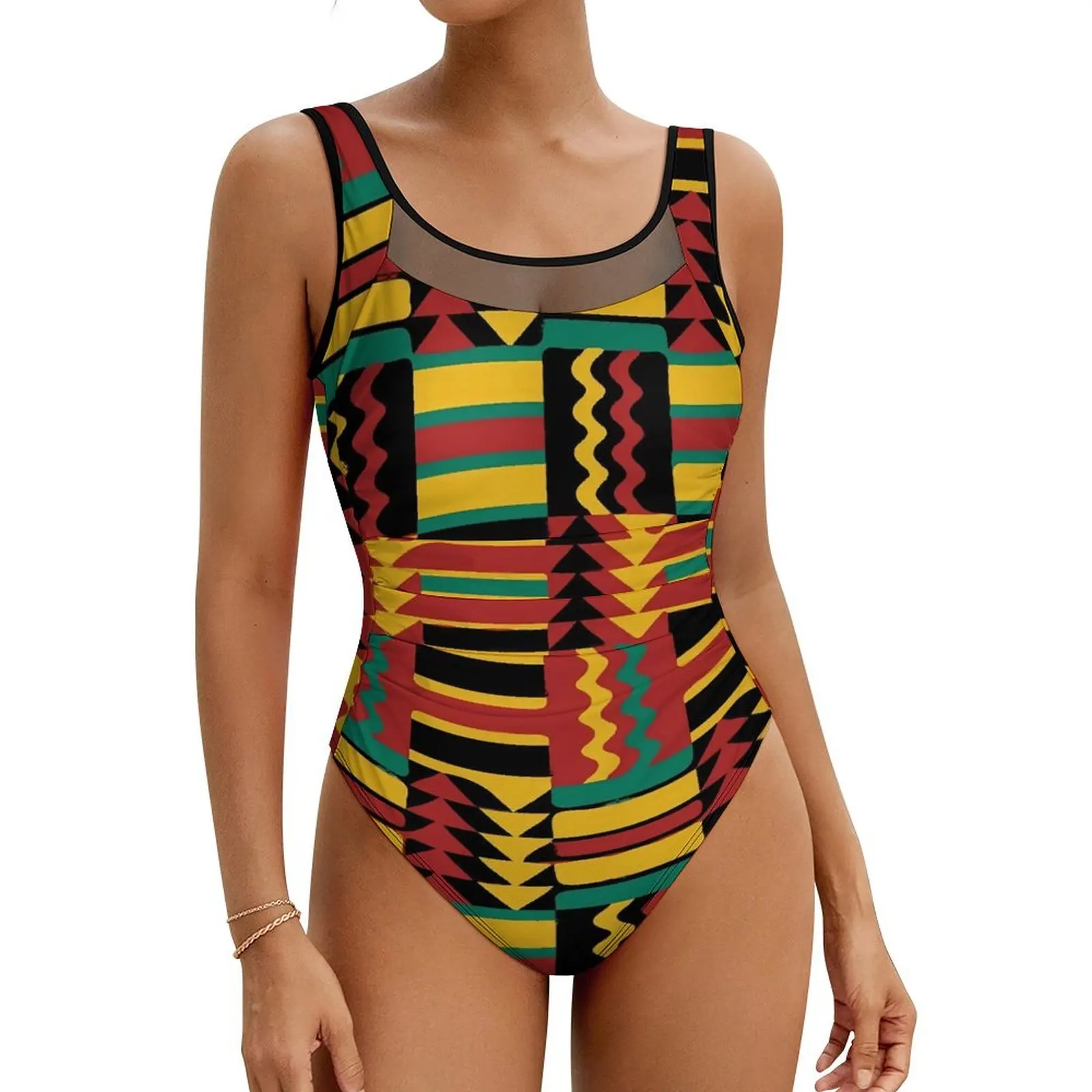 Kente Vintage Geometric Swimsuit Sexy Retro Rasta Colors One Piece Swimwear Push Up Bodysuit Elegant Surfing Beachwear