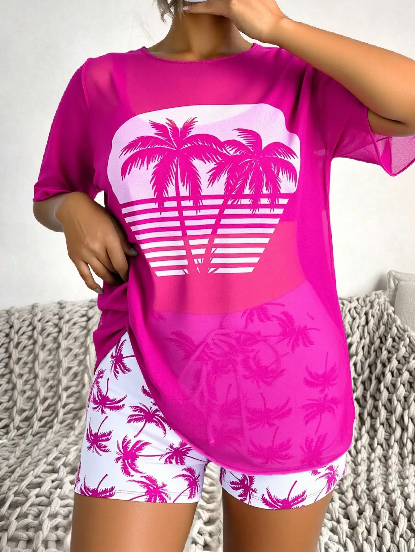 Conjunto de traje de baño tankini con estampado de palmeras para mujer, para verano y playa, con cubierta transparente