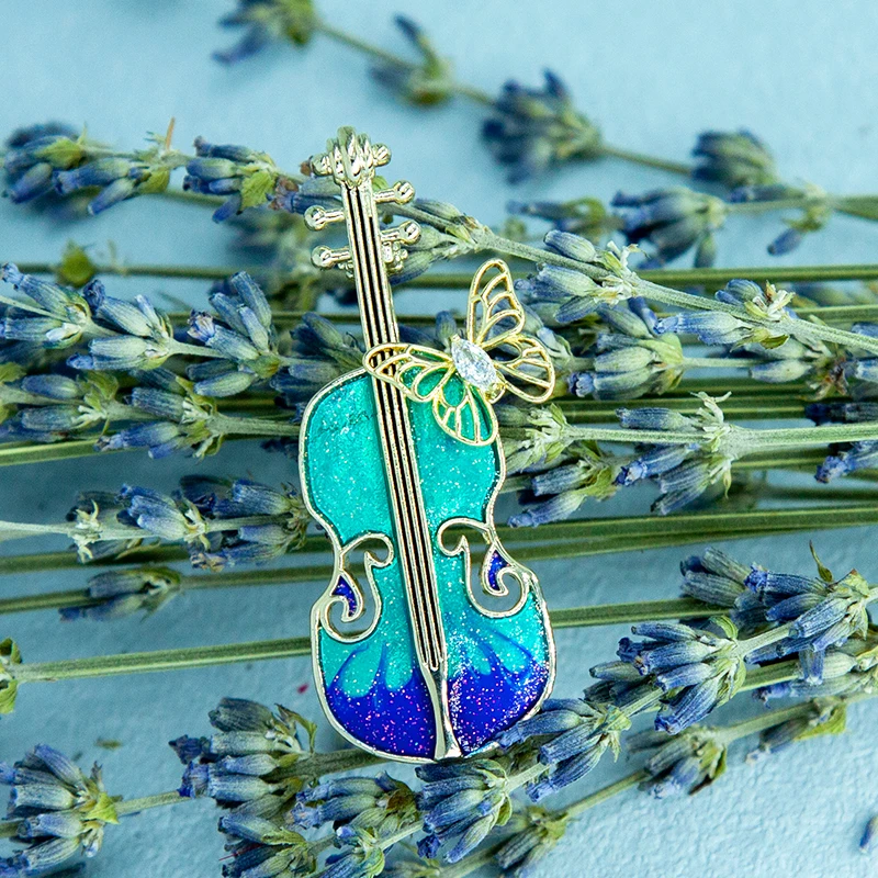 Classic Blue Enamel Violin Brooches Green Musical Instrument Pins Hollow Butterfly Jewelry Women Party Gifts Designer Corsage