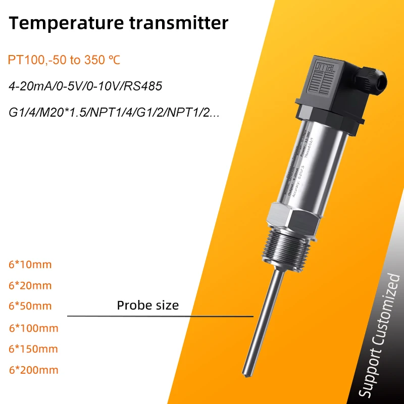 PT100 Temperature Sensor Temperature Probe Detection-200-600C Hot Water Oil Steam 4-20mA Output 24VDC Temperature Transmitter