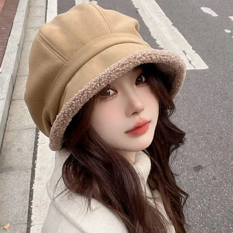 Winter Beret Hats Women Girls Retro Solid Color Velvet Octagonal Hats Thickened Warm High Quality Casual Hat Fashion Accessories