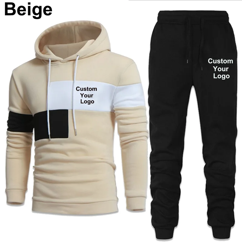 New Fashion Men\'s Custom Your Logo Tracksuits For Men Casual Hoodie + Pant 2 Piece Set Winter Jogging Suits