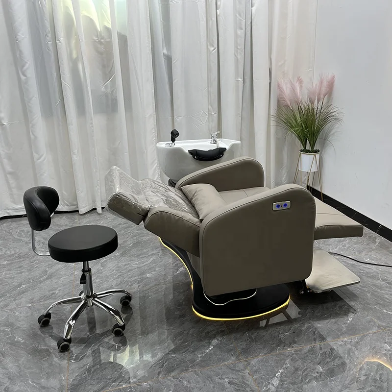 Modern Beauty Hair Salon Furniture Rotating Shampoo Chairs Electric Reclining Wash Hair Basin Hairdressing Chair Set