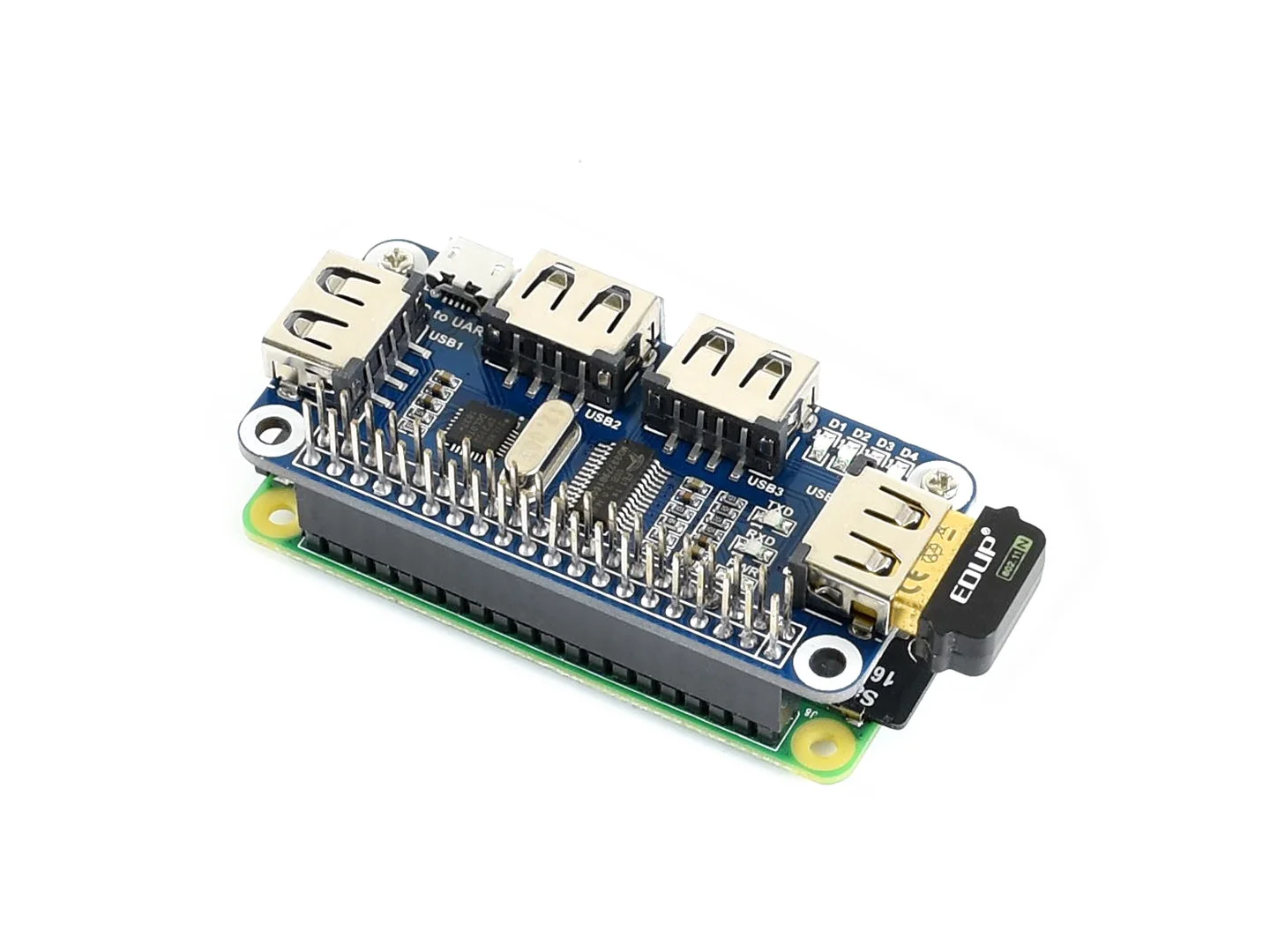 Raspberry Pi USB 2.0 Hub HAT with UART - 4-Port USB Expansion Board with Serial Debug for Pi Zero/4B/3B/B+ Models