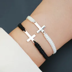 Trendy Black White Cross Bracelets for Women Men Faith Baptism Couple Gift Silver Color Rope Chain Matching Bracelets Jewelry