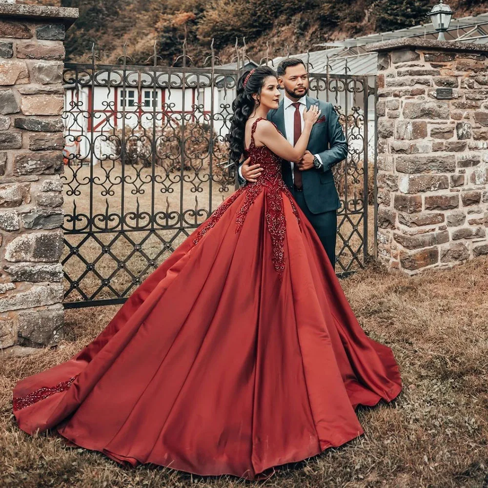 Vestidos De Noche De satén Burdeos para mujer, apliques De talla grande con cuentas De princesa, sin mangas, línea A, traje De fiesta, ropa De Mariee hecha A medida