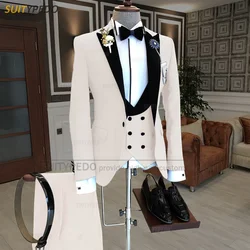 Fatos de lapela de veludo slim fit masculino, smoking feito sob medida de 3 peças, regresso a casa luxuoso, mais recente colete bege, colete casamento