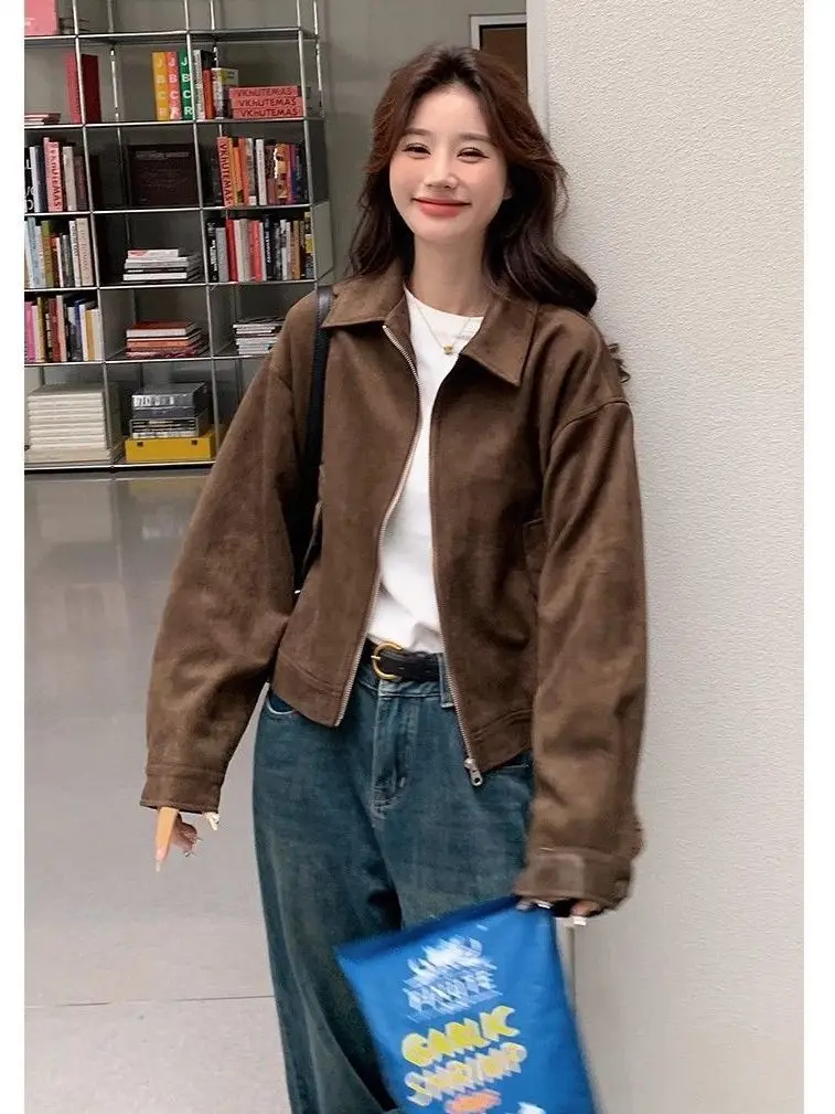 Kimotimo American Vintage Faux Suede Jacket Women Spring Autumn Retro Short Cargo Jacket Streetwear Y2K Aesthetic Coat