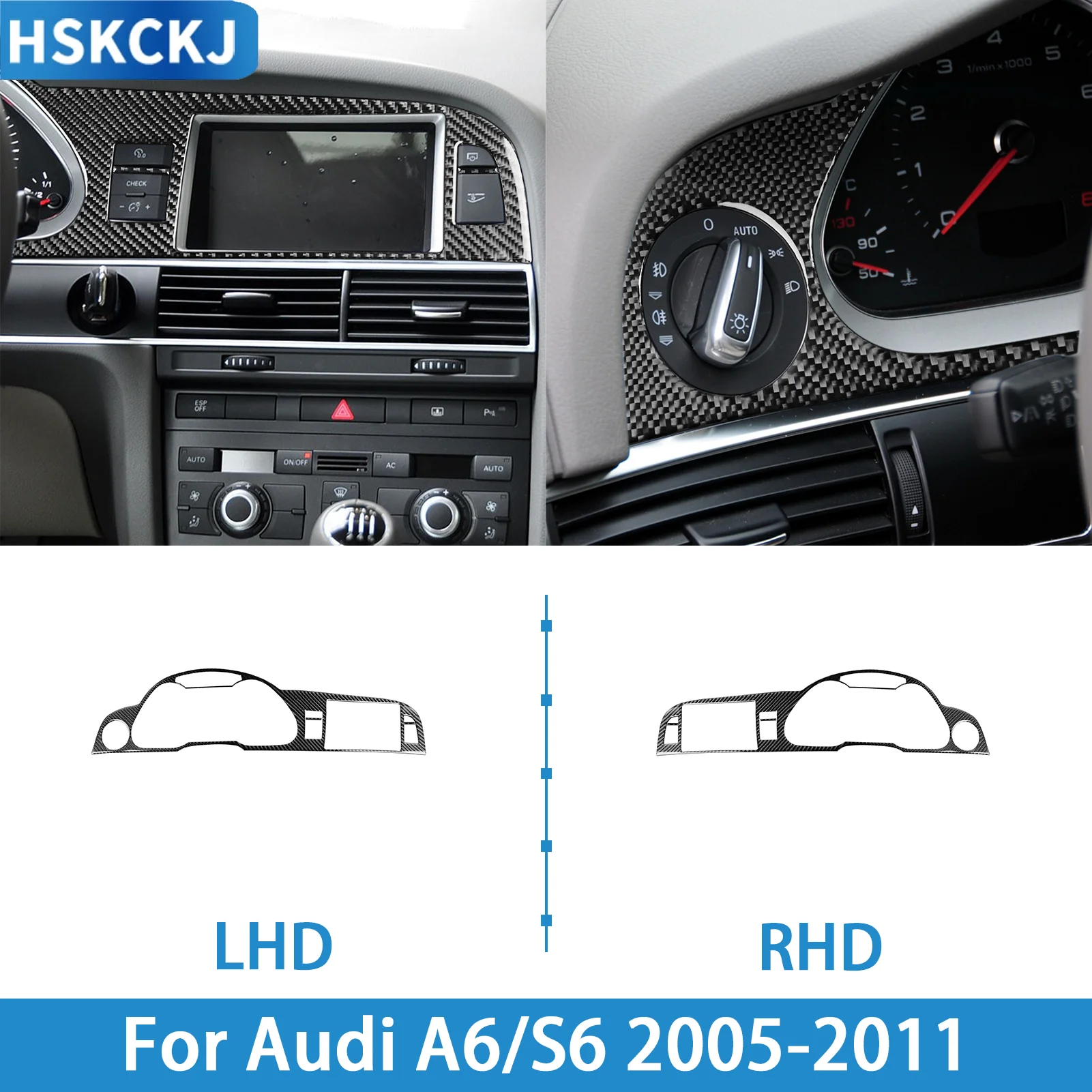 For Audi A6 S6 2005-2011 Carbon Fiber Speedometer Surround Navigation Panel Frame Interior Accessories (3pcs)