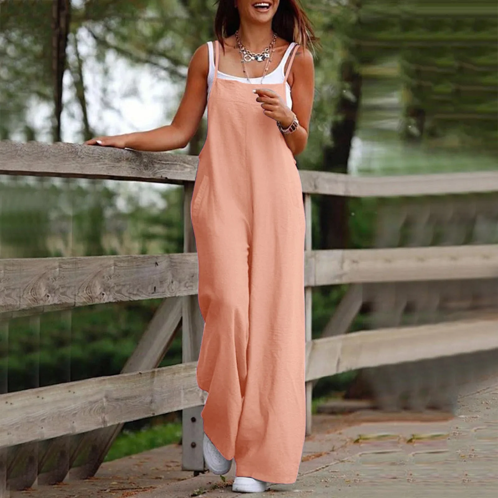 Dames Casual Jumpsuit Overall Oversized Mouwloze Wijde Pijpen Broek Comfy Schouderband Losse Zak Zomer Mode Jumpsuits