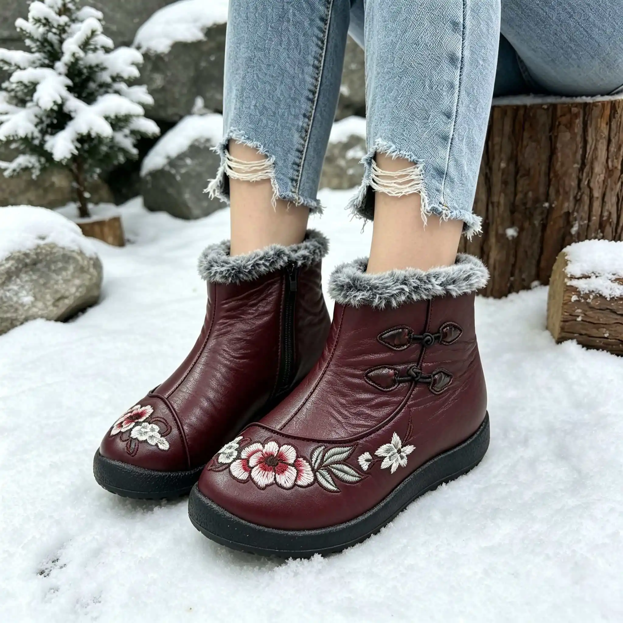 Winterstiefel für Damen mit ethnischer Blumenstickerei, Kunstleder mit gepolstertem Futter, warm und bequem, lässiger Stil, Schneestiefel. – Detail 8
