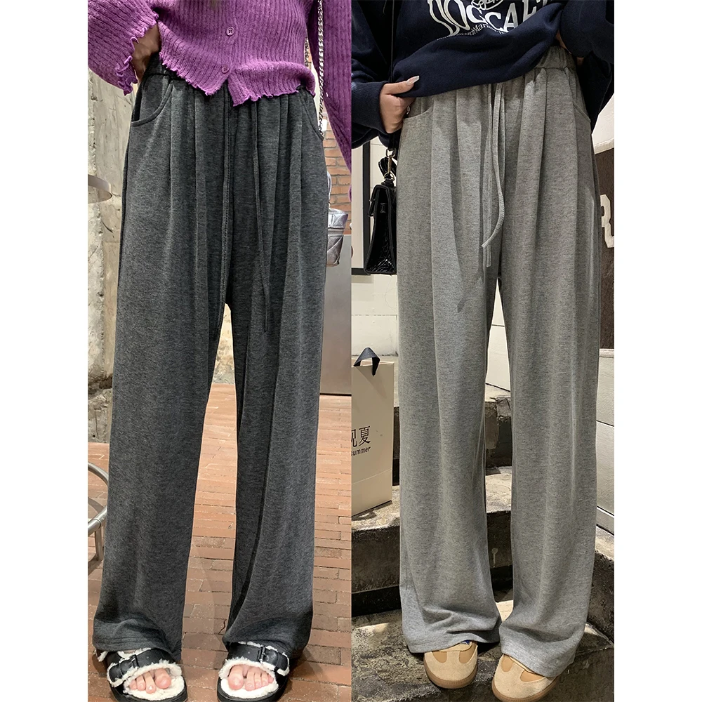 

Two-Tone Wide-Leg Dstring Pants Commute Sle l Waist Regular Thin Long Straight Tube Pants Ladies Casual Wear