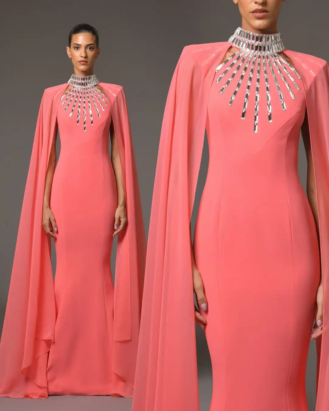 

Ofherown Coral Pink Crystal Collar Cape Sleeves Mermaid Prom Gown Women Formal Evening Dress Prom Gala Party Dress Customzied