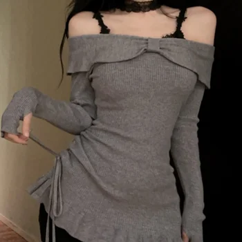 여성용 니트 스커트 브랜드 필런케 2024년 가을 여성용 레이스 플리츠 어깨 끈 슬림 핏 니트 스커트 니트 원피스 니트 드레스