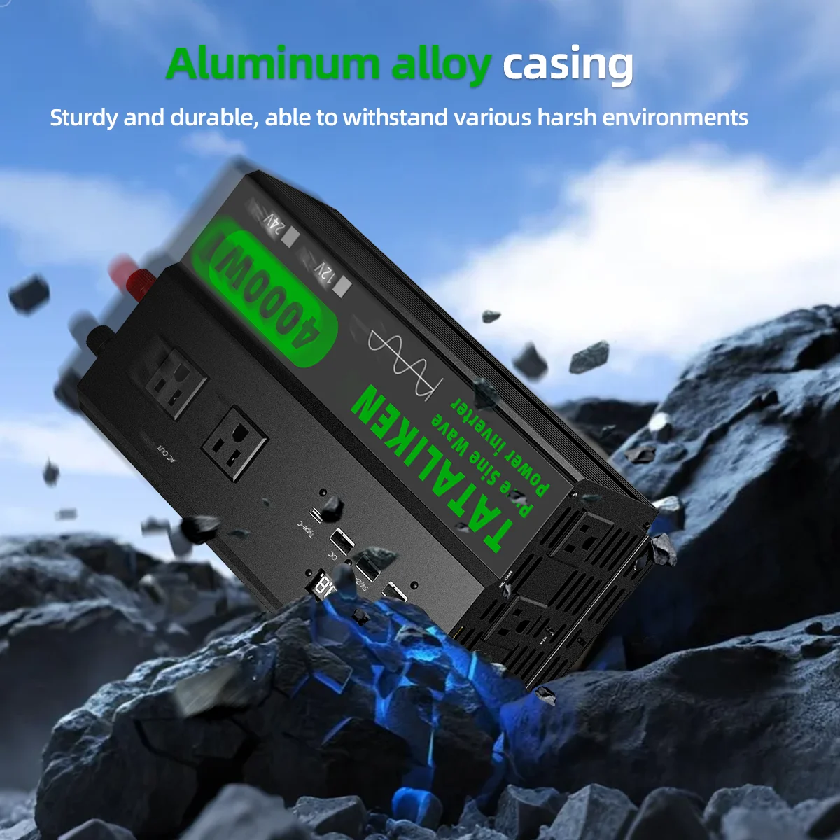 6000W Pure Sine Wave Inverter 110V, 4 Outlets RV Solar Converter with LCD Display & Temp Control Fan