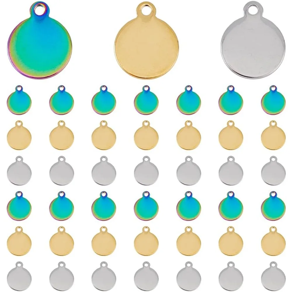 

90Pcs Stamping Blank Tag Pendants 3 Colors 10mm Flat Round and Rainbow Color Coin Pendants Metal Tags with 1.4mm Loop Charms