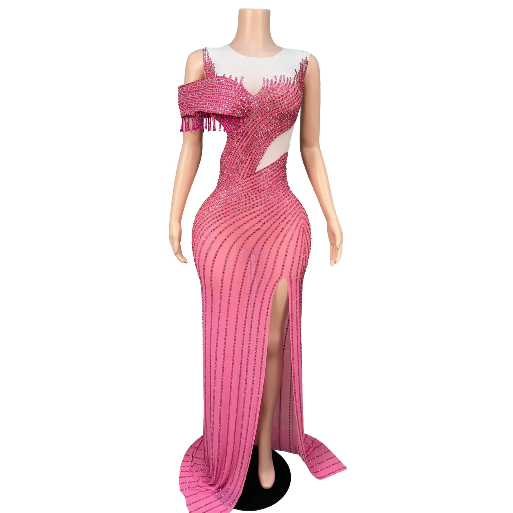 Mulan Elegant Fuchsia Full Rhinestone Mermaid Evening Dress Single Fringe Sleeve Cutout Waist High Slit Birthday Gala Gown view 2