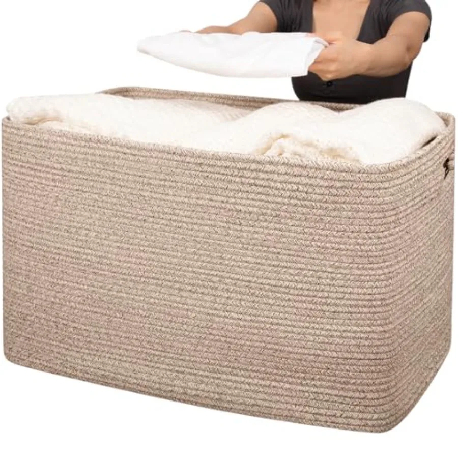 

Большая корзина для хранения из хлопкового каната объемом 118 л, для одеял и грязной одежды, для гостиной, спальни, детской комнаты