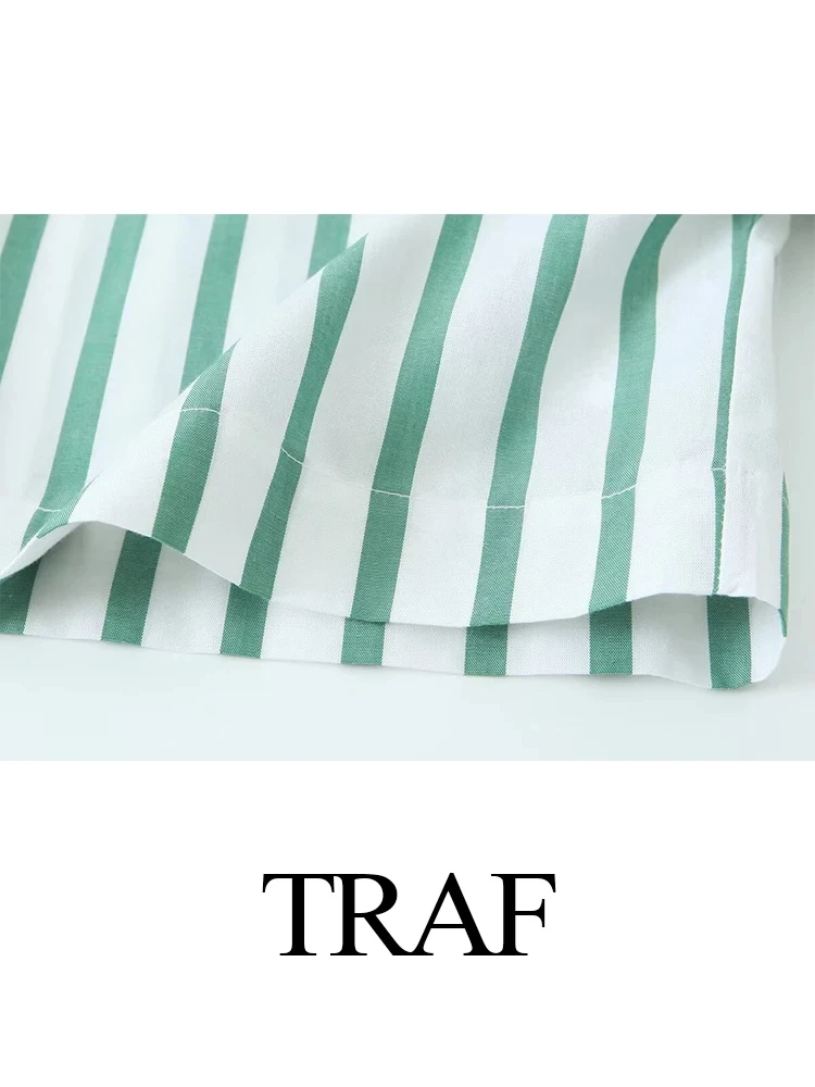 TRAF 2024 Woman\'s Summer Casual Green Striped Shirt Suit Female Short Sleeve Lapel Pullover Top +Elastic Waist Lace Up Pants Set