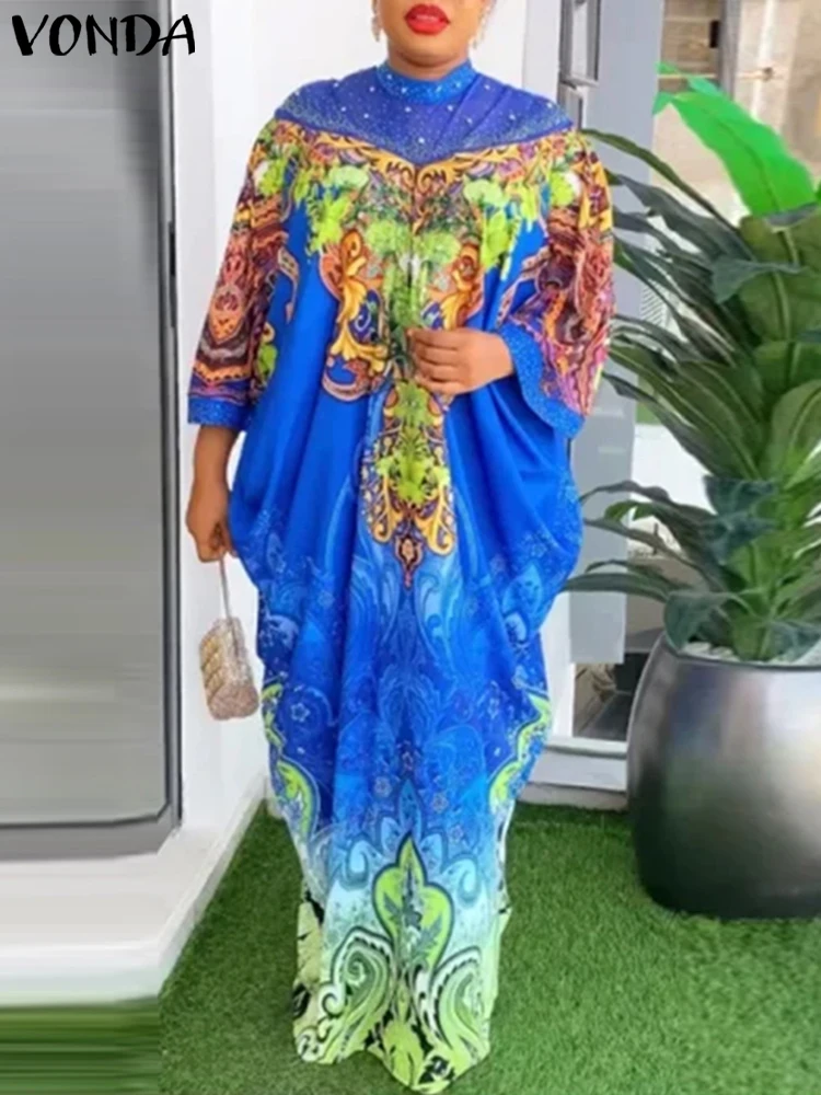 Plus Size 5XL VONDA Women Bohemian Maxi Dress 2024 Eleagnt Printing Sundress Stand Collar Robe Vintage 3/4 Sleeve Vestidos