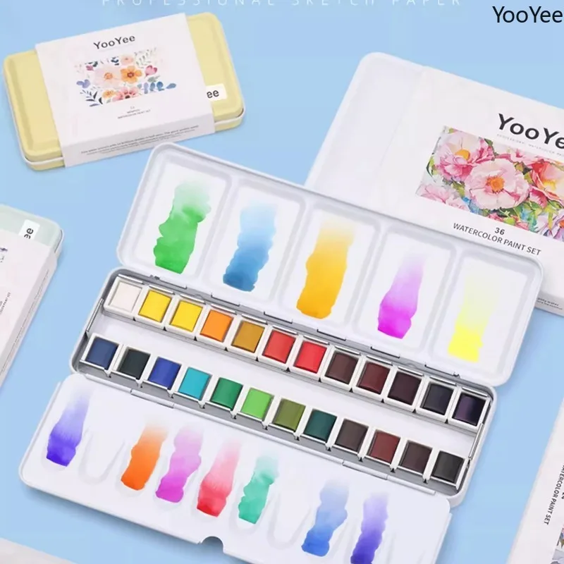 yooyee-固形水彩絵の具セット-絵筆付き-12-24-36色-水彩顔料-絵画学生用画材