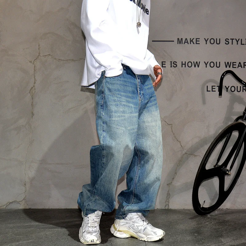 Blue Vintage Washed Loose Straight Jeans Men, Street Fashion Casual All-match Plus Size Long Pants