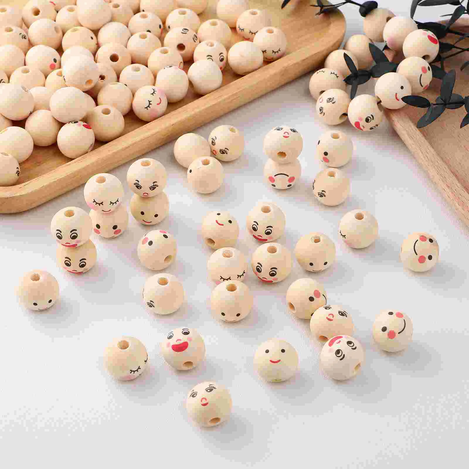 100 Pcs Natural Wooden Beads 20mm With Large Holes Smile Face Decorative For Bracelets Bulk Round Making