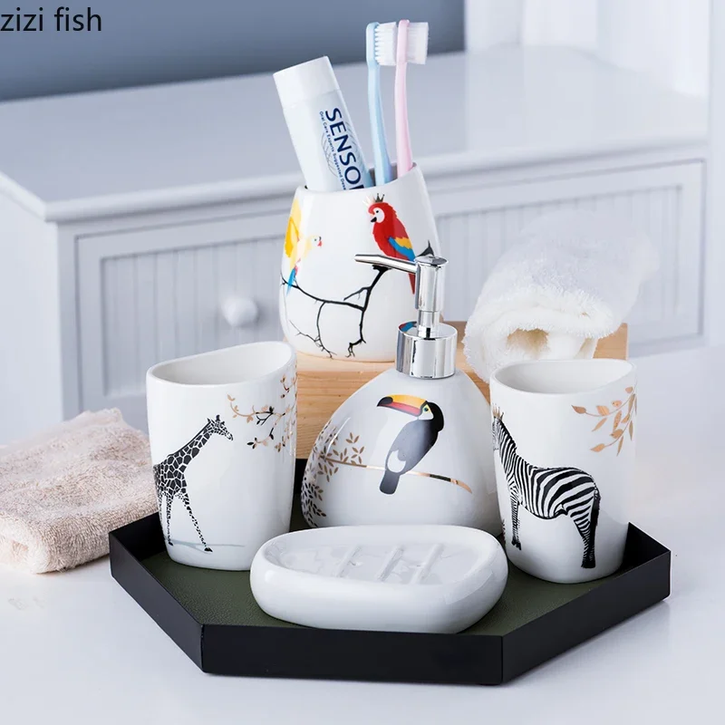 Ceramics Bathroom Accessories Set Animal Soap Dispenser/Lotion Bottle/Toothbrush Holder/Tumbler/Soap Dish Bathroom Products