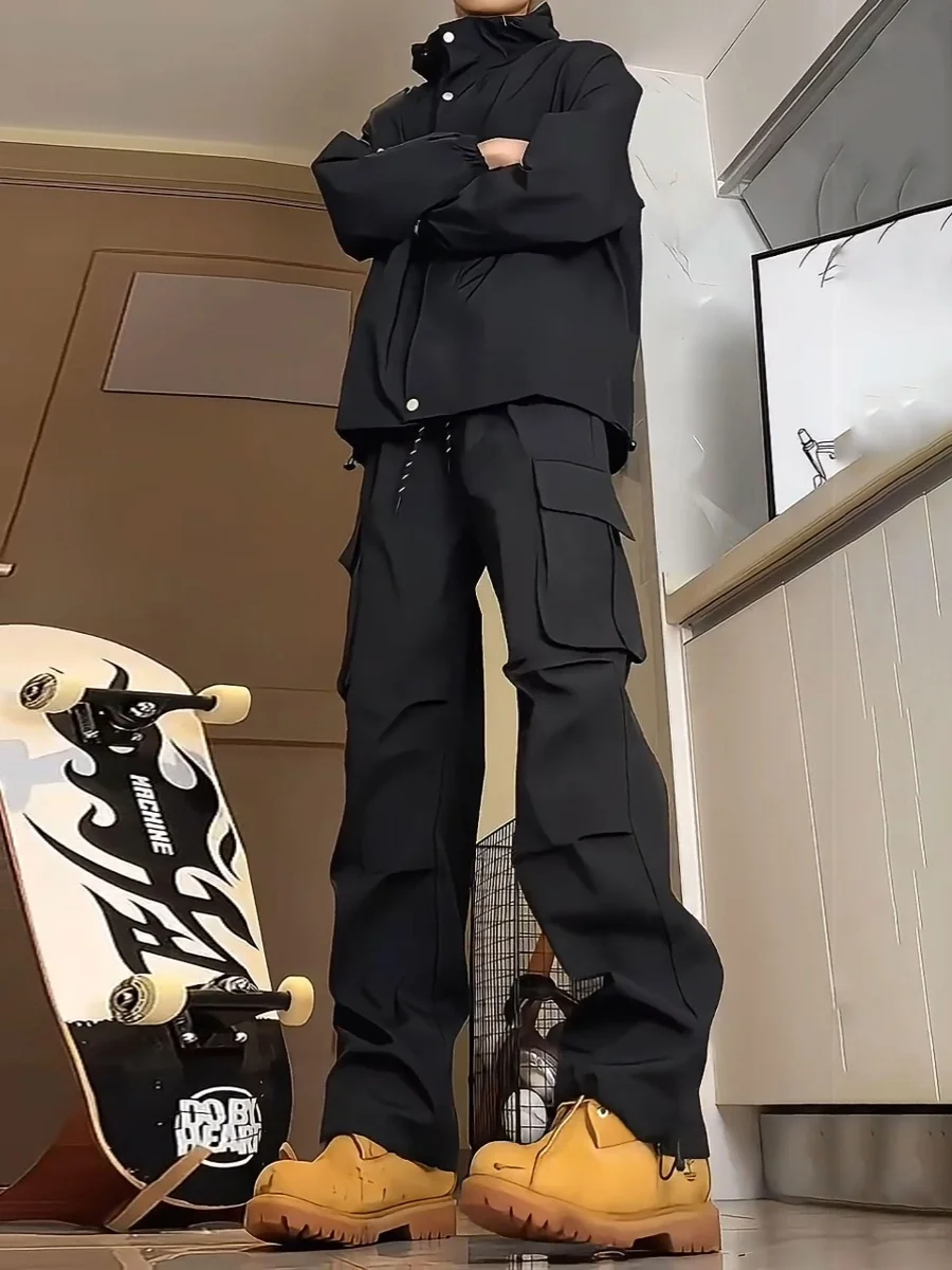 

Черные прямые брюки для спецодежды, мужские модные брендовые брюки с высокой талией для похудения, американские функциональные уличные брюки...