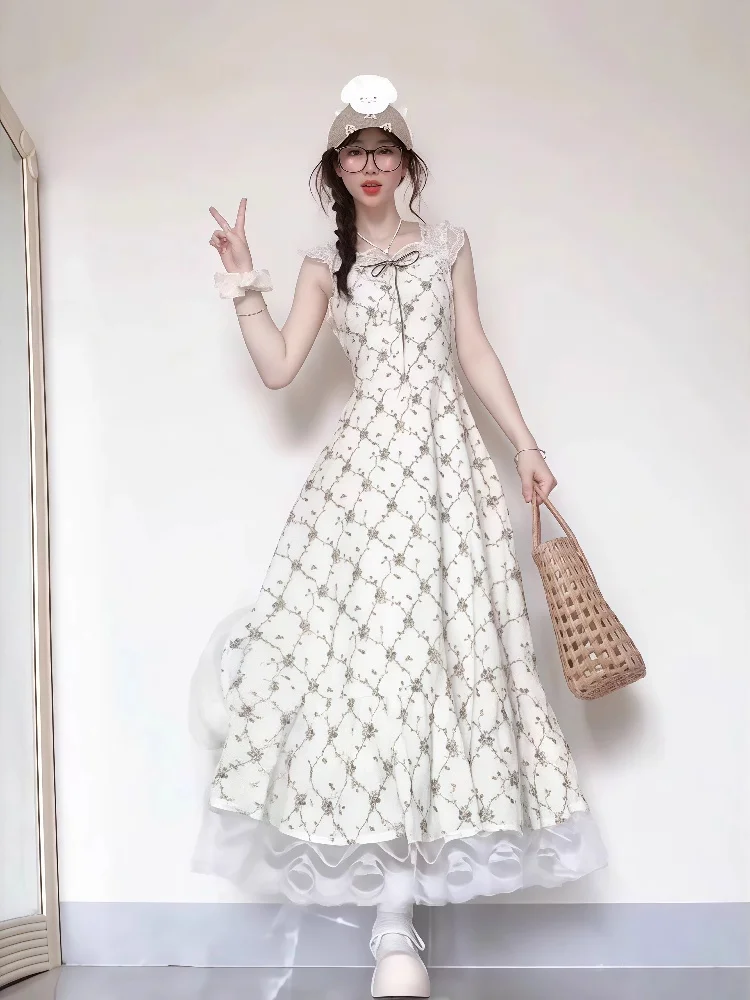 Romantic Lace Trim Floral Print Women's Dr A-Line Long Skirt Spring New Sle Country Fre Sle Waist-Cinching Design