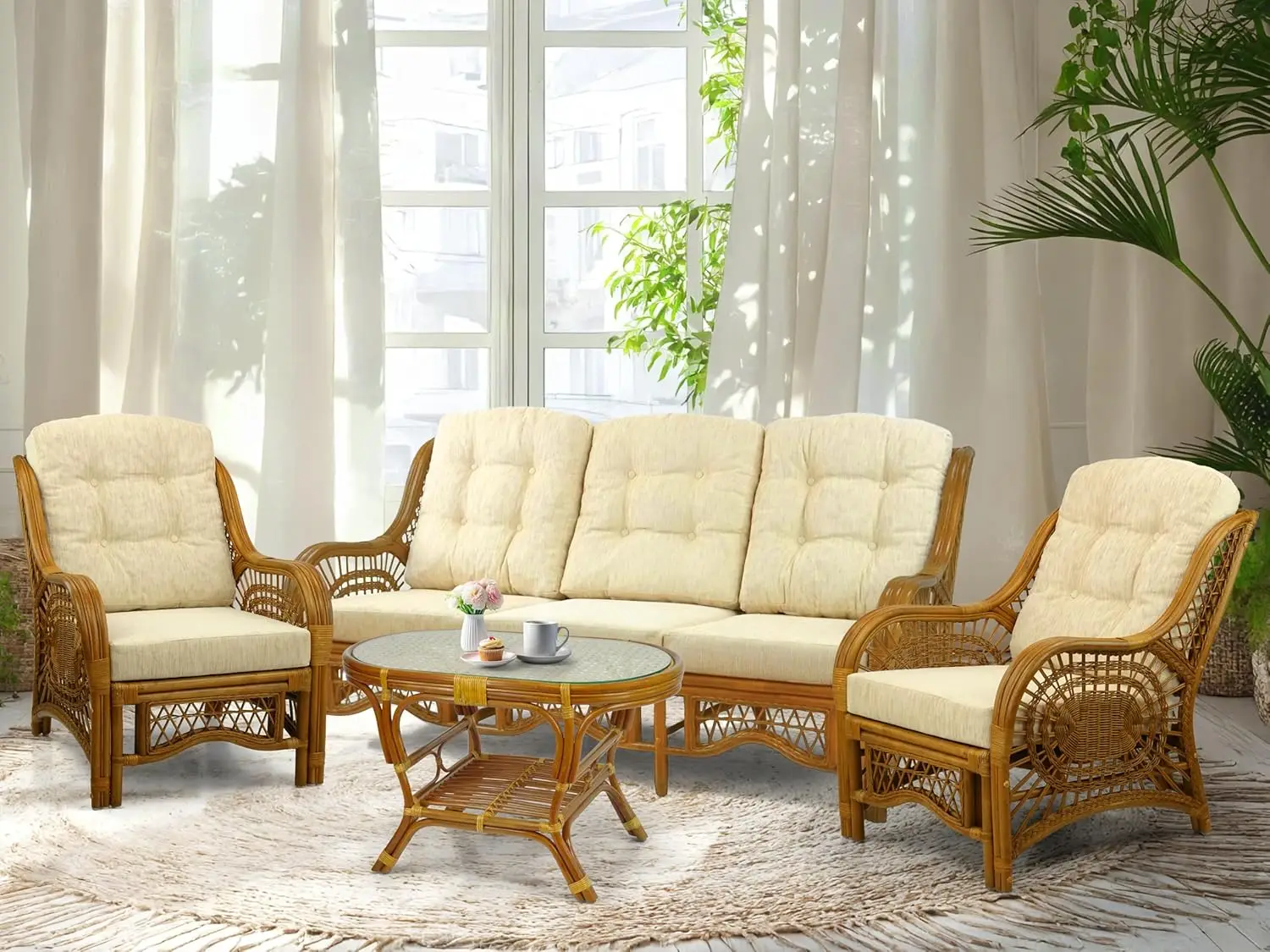 

Natural Rattan Wicker Lounge Set 4pcs Chairs 3-Seater Sofa Cushions Coffee Table Glass Handmade Colonial, Customized