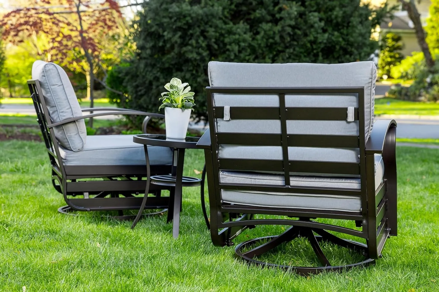 Gotland 3 Piece Patio Outdoor Aluminum Metal Swivel Rocking Chair Outdoor Metal Swivel Rocking Chair Furniture Conversation Set