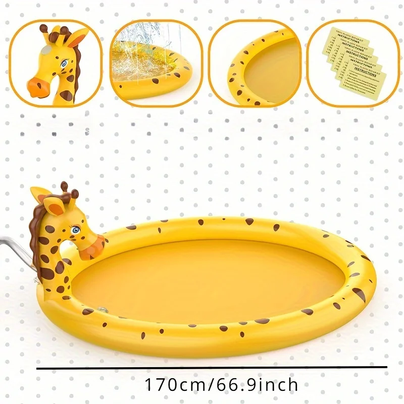 1pc 66.9inch opblaasbare gele giraffe sprinkler zwembad fontein buiten spelen waternevel, speelgoedgras, tuinvloermat, cadeau