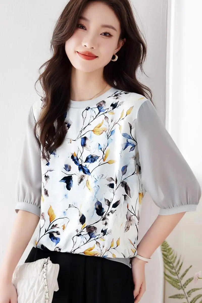 Satin Simulation Silk T-shirt for Women 2025 Printed Loose and Fashionable Western-style Five Quarter Short Sleeved T-shirt Tops