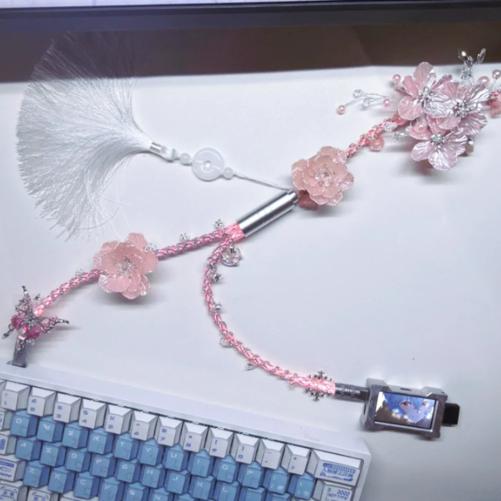 Echo Pink 8K Aviation Plug Cable Custom Handmade One-to-Two Single Crystal Copper Glowing 1.3m Keyboard Cable Accessories DIY