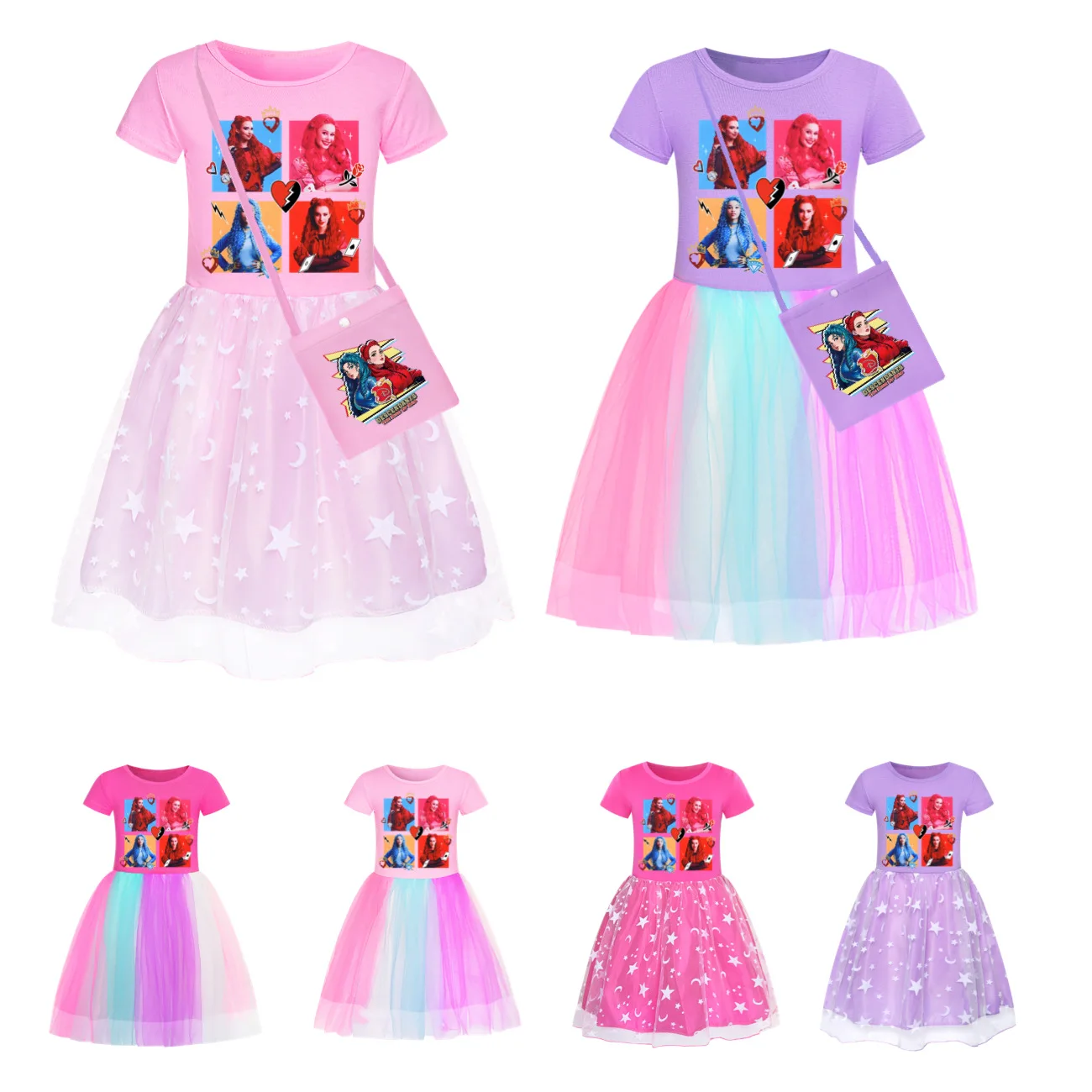 New Descendants 4 Girls Dresses Spring Children Clothes Princess Dress Cosplay Costume Party Kids Dress +Bag Pink Purple Rose