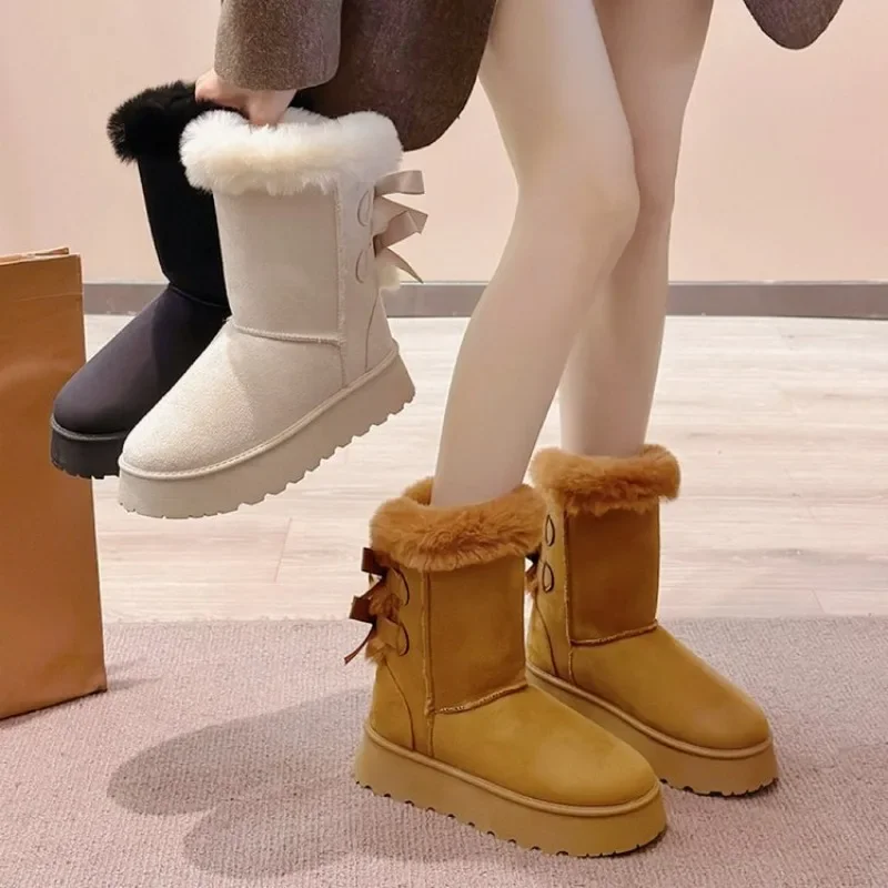 

2025 Winter New Thick Bottom Midsole Snow Boots Butterfly Knot Hairy and Fluffy Thick Cotton Boots Casual Plus Size